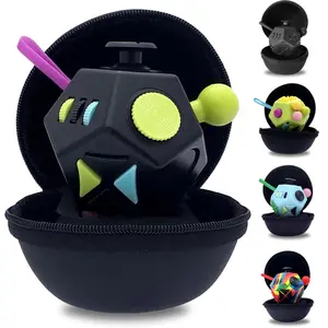 PILPOC theFube Fidget Cube with 12 Sides - Handy Anxiety Toys for Kids and Adults - Fidget Dice for Stress Relief & Focus - Anti Stress Cube for ADHD, ADD, with Carry Case (Black & Mix)