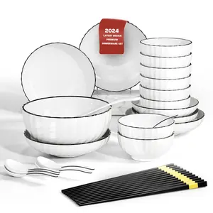 Ceramic Dinnerware Sets, 28 Pieces Plates and Bowls Set Service for 6, Highly Chip and Crack Resistant, Pasta Bowls Soup Bowls Spoon Dish Sets