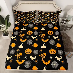 Feelyou Halloween Decorative Bedsheet Set - Vintage Brown, Deep Pockets Fitted Sheets (No Top Sheet) with Bat, Pumpkin, Lantern, Skull, Spider, Hat Motifs, Bedroom Bedding Set, Decorative Bedsheet Sets