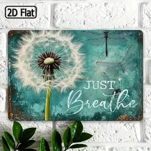 Antique Aluminum Sign Wall Art Rustic Turquoise Dandelion with Dragonflies Decor for Home Office 8x12 Inch Vintage Metal Poster