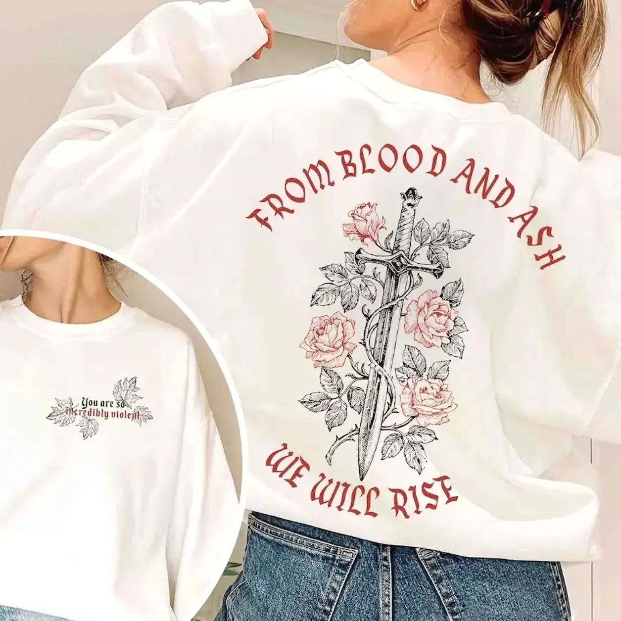From Blood and Ash Sweatshirt for Women, We Will Rise Poppy Hawke Book Club Crewneck Tops, Soft Comfortable Cotton Clothes, Casual, Pullover, Fabric, Round Neck, Unisex, Fitted, Style, Simple, Print, Casual Wear, Breathable Fabric, Medium Length, Regular