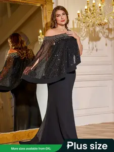 Handmade One-Shoulder Asymmetrical Cape Sleeve Chiffon Evening Dress, Rhinestone Embellished Bodycon Party Gown for Women