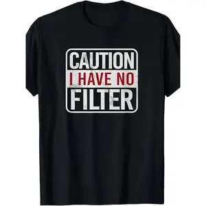 Men'S 'Beware I Have No Filter' Funny Sarcastic T-Shirt| Casual Crew Neck, Slightly Stretchy, Regular Fit, Black with Red and White Text, Perfect for Summer Fashion,summervibes