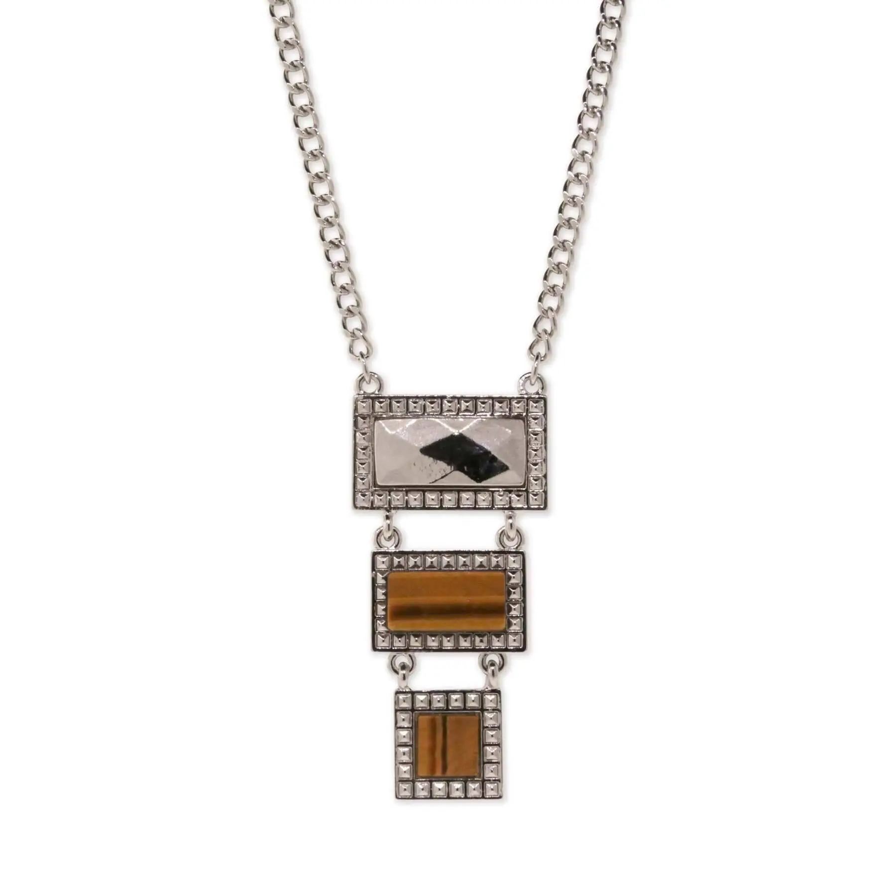 1928 Jewelry Tigers Eye Gemstone Rectangle Square Drop Necklace 16" + 3" Extender