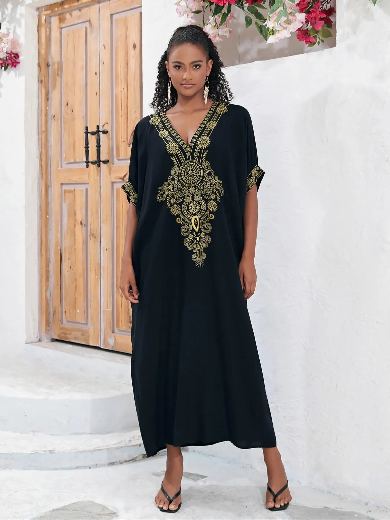 Arabic Clothing-Ethnic Pattern Batwing Sleeve Dress, Embroidered Half Sleeve Summer Dress, Embroidered Summer Robe Black Elegant Long Dress