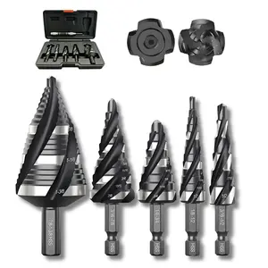 NEW Step Drill Bit Set, 5-PCS- Four Spiral Groove  Set of hex Shank Step Drill Bit Suitable for Aluminum, Wood Plastic, Metal and Other Materials Four-Spiral Metric Flute Multi-Material Nitrided HSS high speed steel tools