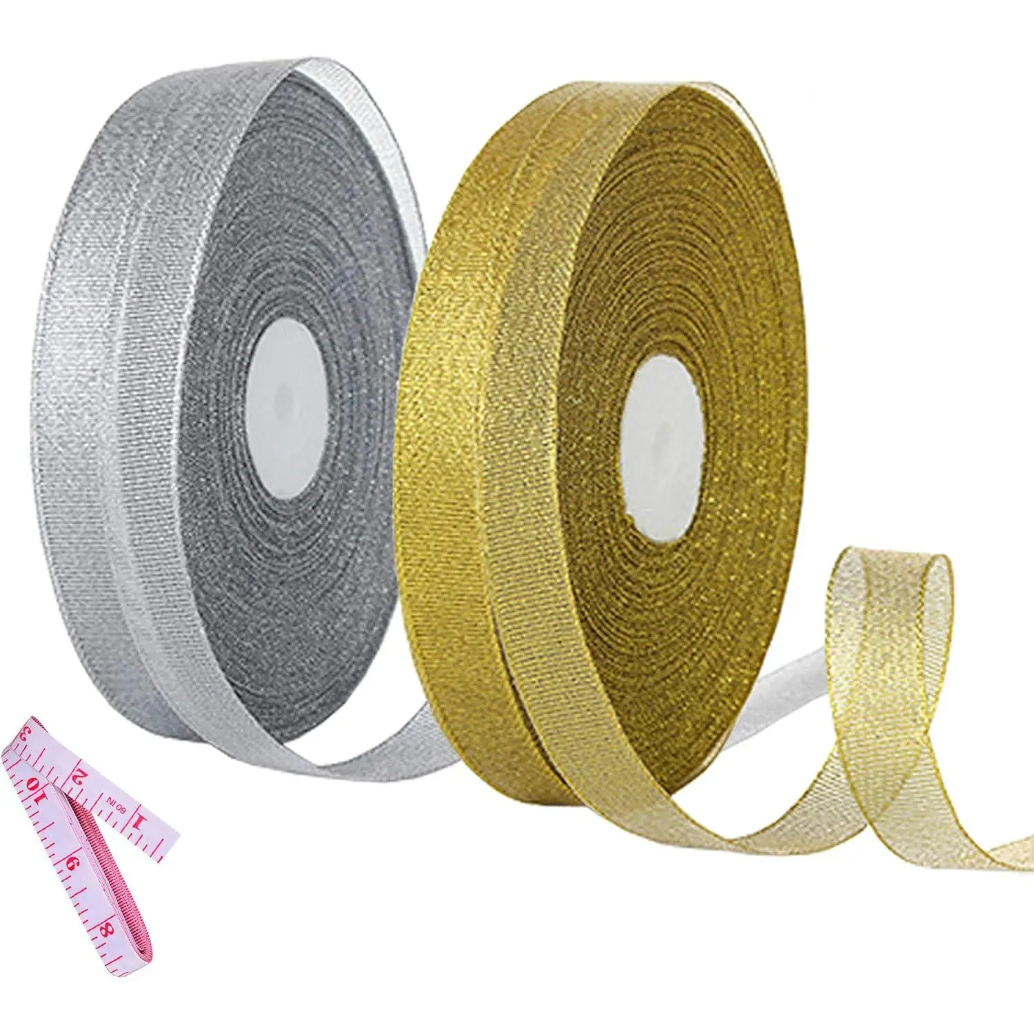 2 Rolls 50 Yards Width Metallic Glitter Ribbons 5/8 Inch Sparkly Fabric Wide Ribbon for  Wrapping, Crafts, Holiday Wedding Birthday Party Decoration Floral DIY Work(25 Yards  &  Ribbon)