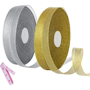 2 Rolls 50 Yards Width Metallic Glitter Ribbons 5/8 Inch Sparkly Fabric Wide Ribbon for  Wrapping, Crafts, Holiday Wedding Birthday Party Decoration Floral DIY Work(25 Yards  &  Ribbon)