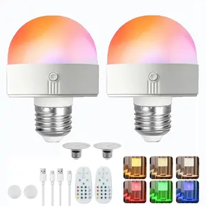 2-Pack mini rechargeable RGB light bulbs with remote control and timing function, designed for use with wall lights and lamps, detachable and rechargeable RGB color charging light bulbs
