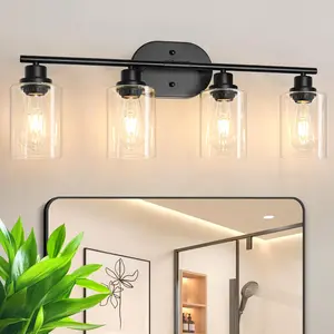Vanity Lights Black Wall Sconce with Clear Glass E26 Base Sturdy Metal Construction Up Down Reversible Mounting for Bathroom Mirror Living Room Bedroom Hallway