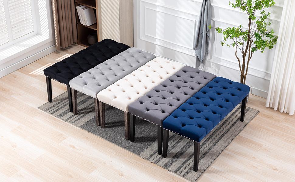 KCC Button-Tufted Ottoman Bench, Upholstered Bedroom Benches Velvet Footrest Stool Accent Bench for Entryway Dining Room Living Room Bedroom End of Bed, Gray