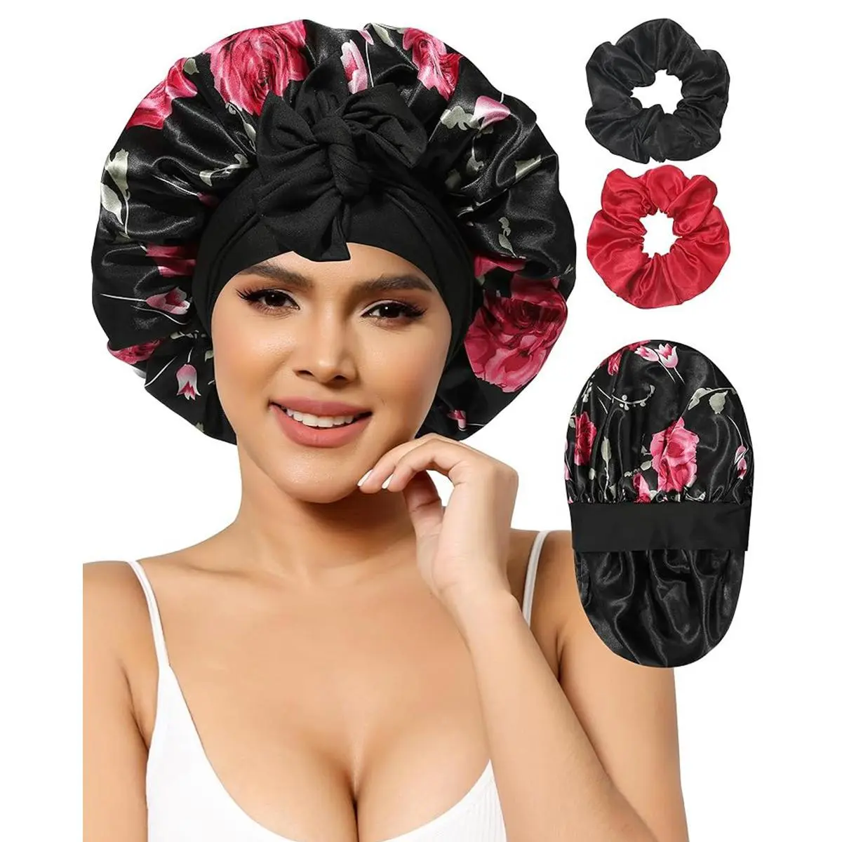 Black-Flower Bonnet +  2Pcs Scrunchies