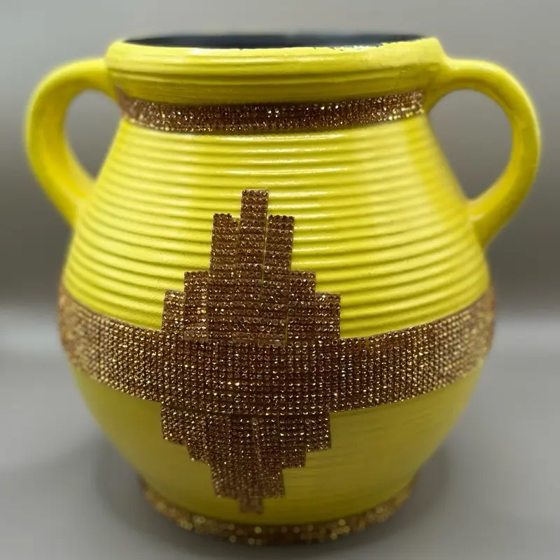 Yellow and Bling Vase - Yellow Body with Decorative Gold Accents and Decorative Pattern
