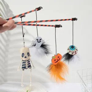 New Halloween cat teaser stick, pumpkin ghost feather bell, plastic rod fun cat toy