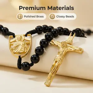 Gold Saint Benedict Rosary Necklace Waterproof Durable Catholic Gift with Gold Plated Beads and Black Cord