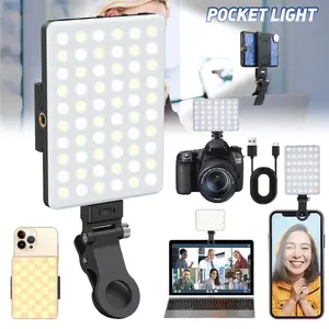 Portable Selfie Light 60 LED Rechargeable Clip On Light with Dual 1/4 Inch Mount Adjustable Color Temperature 2500K to 9000K for iPhone Android Phone Laptop Streaming