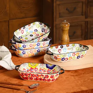 1pc 750ML Oval Serving Plate with Floral Pattern Sturdy Handle, Durable Ceramic Dishware for Desserts, Appetizers, Baking, Dinner Plates