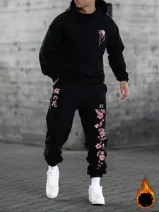 Men's Fashion Casual Matching Two-Piece Set, Sakura Print Hoodie and Drawstring Wide Leg Pants, Loose Fit Street Style, All Seasons Wear
