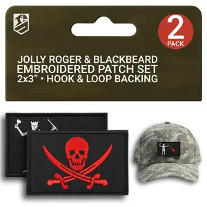Bluyellow 2Pcs Jolly Roger & Blackbeard Edward Teach Patch, Embroidered Pirate Skull, Military Morale Tactical Patches with Hook & Loop for Tactical Backpack, Bulletproof Vest, Pirate Flags, 3x2”
