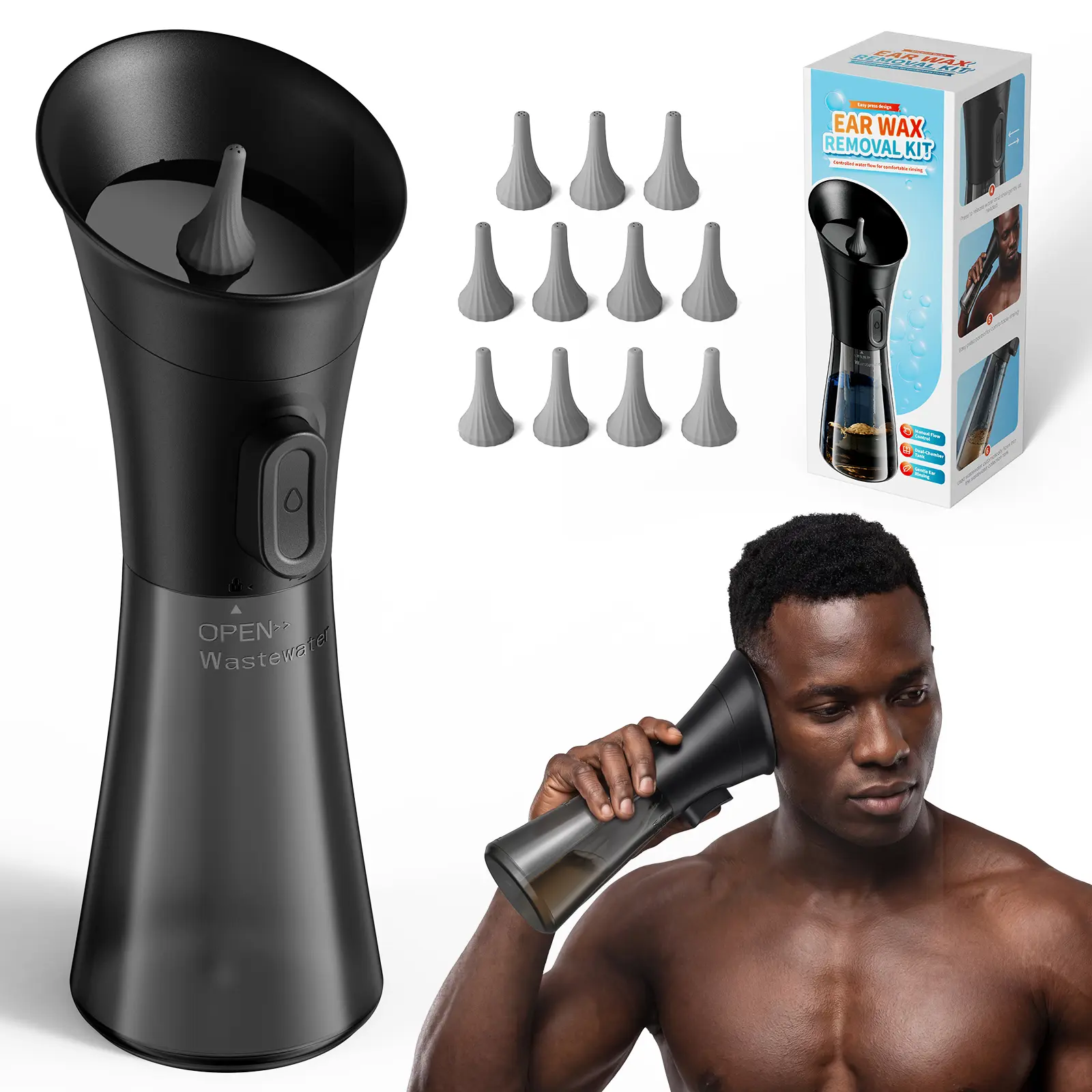 One-handed Earwax Removal Set, Manual Ear Cleaner with Water, Featuring a 2-in-1 Drainage Tank and 3 Nozzle Attachments, Safe Ear Irrigation System for Adults and Children