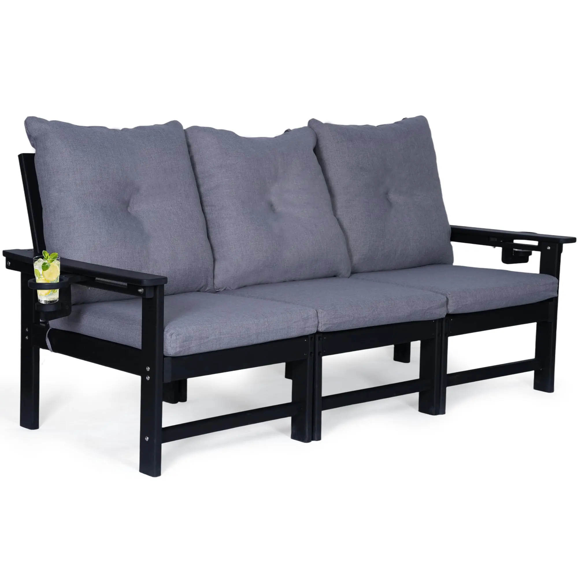 Outdoor 3-Seat Sofa, HDPE Patio Couch with Cup Holeder & Thick Gray Cushions, Deep Seating Sofa for Garden, Deck, Front Porch