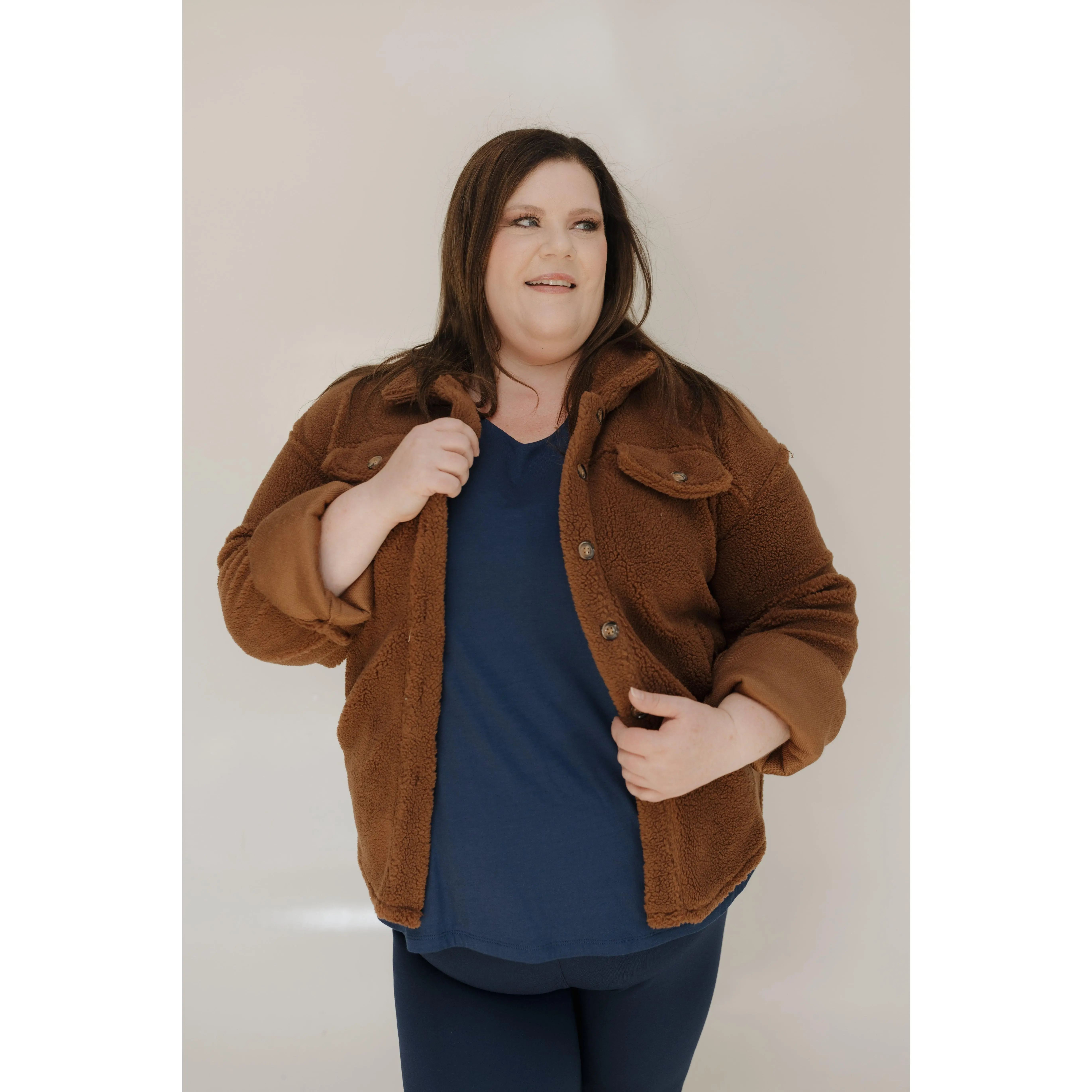 Women's Plus Size Chestnut Faux Fur Teddy Shacket - Soft, Comfy Long Sleeve Jacket, Low Iron Polyester Plush Coat, Fit for School, Leggings, Denim Tops, Chic Cardigan