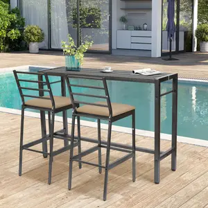 3 Piece Patio Bar Dining Set 55" Rectangular Durable Bar Height Table  With 2 Cushioned Bar Stools,Metal Bar Table And Chairs Set For Backyard Porch Bistro Balcony