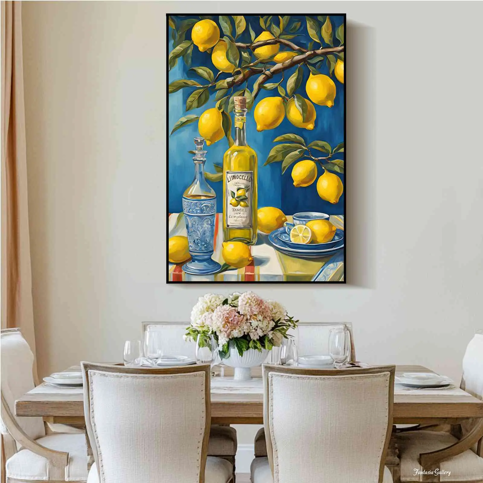 Unframed Lemon Still Life Canvas Painting - Artistic Artwork Photo, Vibrant Citrus, Limoncello Bottle, Blue-Yellow Fruit Graphic, 1-Piece Brightening Decorative Hangable Indoor Wall Decor for Kitchen, Coastal Italian Theme Home Posters & Prints