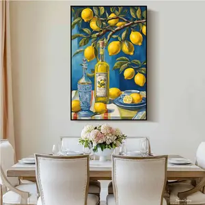 Lemon Still Life Citrus Kitchen Wall Art Limoncello Bottle Canvas Painting Blue Yellow Fruit Tabletop Print Summer Poster Coastal Fine Art Indoor Decor for Kitchen Dining Room Italian Theme Artwork Unframed Artistic Photo