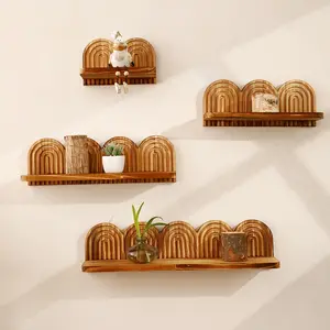 Bohemian Style Wooden Wall Mounted Shelf, Decorative Hanging Storage Rack, Wall Mounted Organizer, Perfect for Bedroom Living Room Bathroom Kitchen
