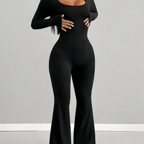 Women's Square Neck Long Sleeve Micro Flare Romper, Stretchy Comfortable Slim Fit Retro Sport Style, Daily Commute/fitness/streetwear, Workout Jumpsuit, Sportswear Jumpsuit, Sports Casual Jumpsuit, Flared Sports Jumpsuit