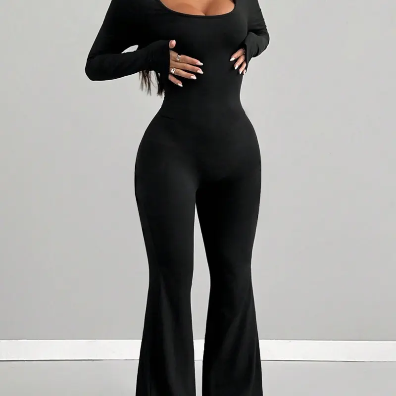 Women's Square Neck Long Sleeve Micro Flare Romper, Stretchy Comfortable Slim Fit Retro Sport Style, Daily Commute/fitness/streetwear, Workout Jumpsuit, Sportswear Jumpsuit, Sports Casual Jumpsuit, Flared Sports Jumpsuit