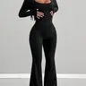 Women's Square Neck Long Sleeve Micro Flare Romper, Stretchy Comfortable Slim Fit Retro Sport Style, Daily Commute/fitness/streetwear, Workout Jumpsuit, Sportswear Jumpsuit, Sports Casual Jumpsuit, Flared Sports Jumpsuit