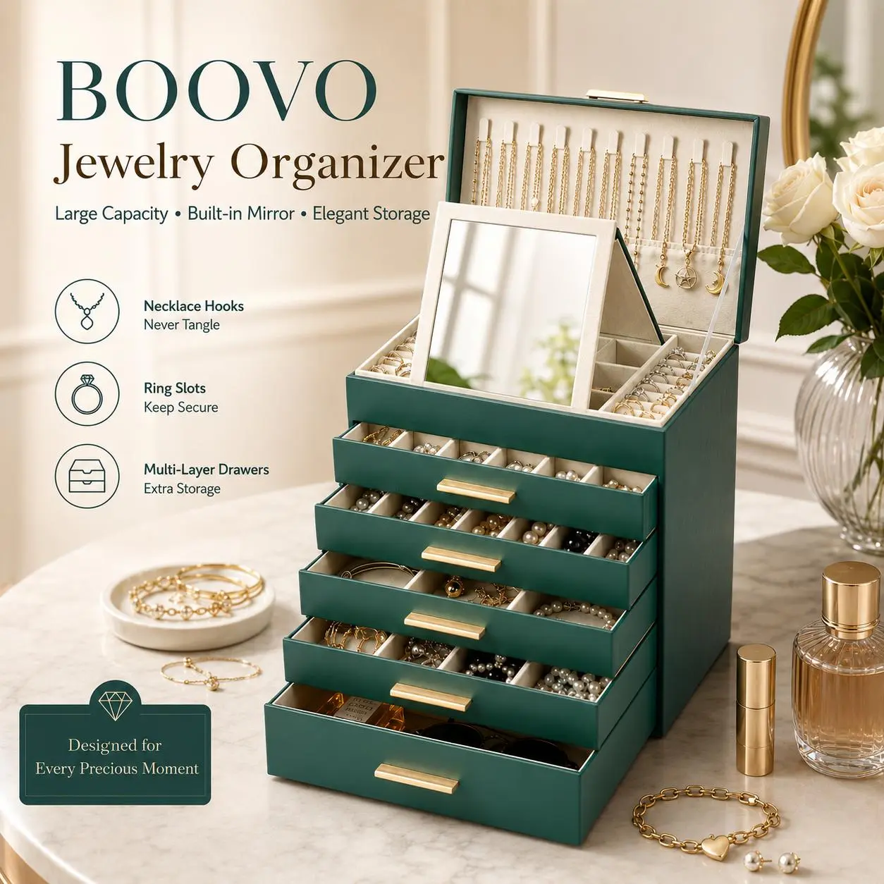 BOOVO Jewelry Organizer Box for Women - 6-Layer Large Jewelry Storage Box with Mirror, PU Leather & Velvet Lining, Jewelry Holder for Necklaces, Rings & Earrings, Birthday Gift for Mom, Wife & Girlfriend, Dark Green,dorm essentials,home decor