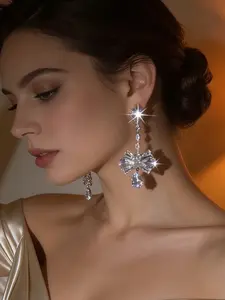 1 pair of luxurious handcrafted zircon three-drop pendant earrings, noble lady's banquet party style earrings