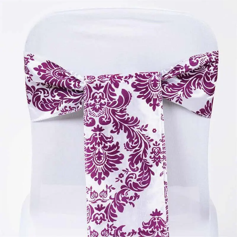 5-Pack Smooth Taffeta Chair Cover Sashes, 6"x108" White with Eggplant Flocking & Damask Print, Modern Wedding Decoration Household Textile Chair Accent
