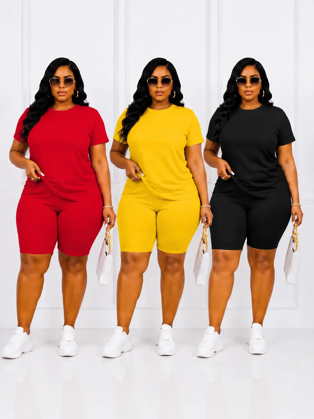 2-piece Women's Fitted Plain Basic Round Neck Tee & Skinny Shorts Set,Minimalist, Casual Summer Clothes for Women, Short Sleeve Crew Neck T-shirt & Shorts, Summer Outfit for Outdoor,Casual Beach Set, Fashion Clothes Set, Matching Clothing Set