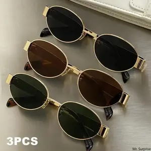 3-Pack Women's Metal Frame Oval Sunglasses, Fashion Retro Shades with UV Protection, Casual Eyewear for Daily Wear, Beach & Vacation Accessories
