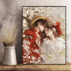 Romantic Anime Lovers Under Cherry Blossom Landscape Diamond Art Painting Fantasy Cartoon Girl And Boy Mosaic Cross Stitch Wall Decor
