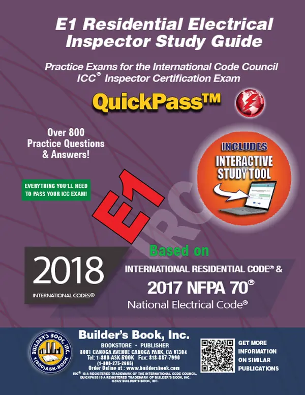 E1 Residential Electrical Inspector Based On 2018 IRC & NFPA 70 QuickPass Study Tool Book plus Online Interactive Software