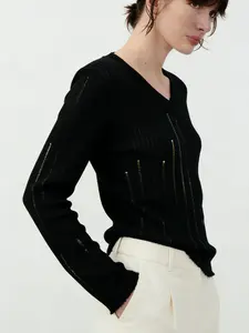 2026 Spring Summer Black Distressed V-Neck Ribbed Knit Top, Hollow Long Sleeve Sweater,Edgy Distressed Black Knit Sweater, Punk Rock Style, Minimalist & Sexy Fashion