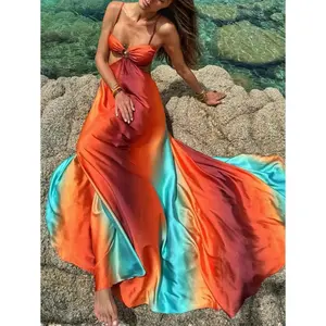 Women's Sexy Metallic Sleeveless Long Dress - Tie-Straps Clubwear Evening Party Dress, Shimmering Holiday Maxi Dress