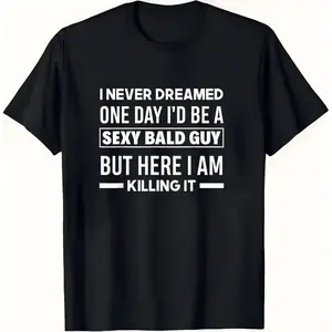 Women's Hilarious Bald Joke Cotton T-Shirt, Love-Infused Streetwear, Comfy Short-Sleeve Soft Black Crew Neck with 'Sexy Bald Guy' Saying