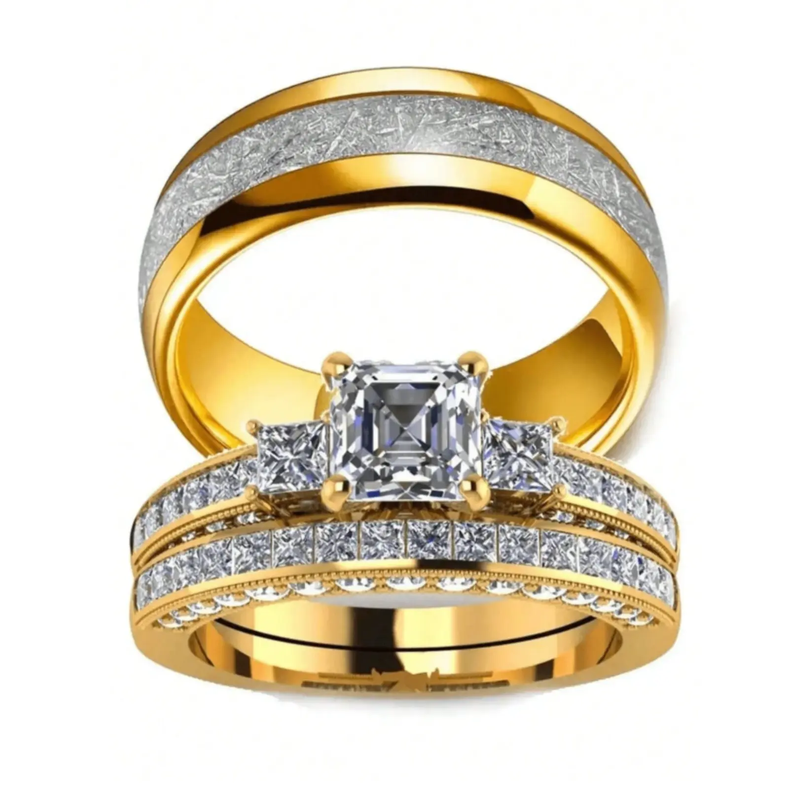 Classic gold-plated couple's ring set with Cubic Zirconia stones | Wedding and engagement rings, gift | Sizes US 5-13