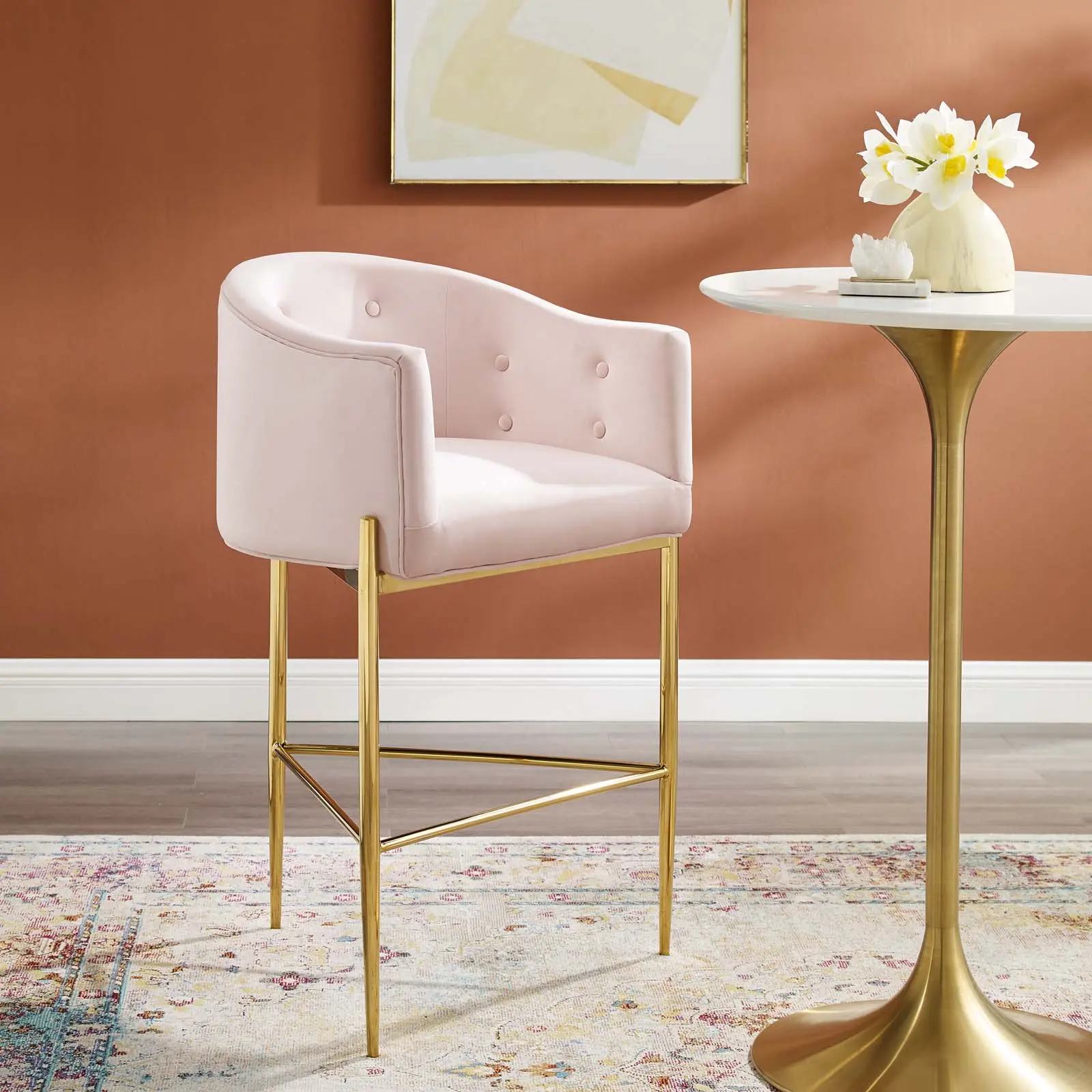 Modway Savour Tufted Performance Velvet Upholstered Bar Stool - Soft Cushioned Stool, Blush Pink Indoor Furniture Chair for Home Bar Happy Hour at Home