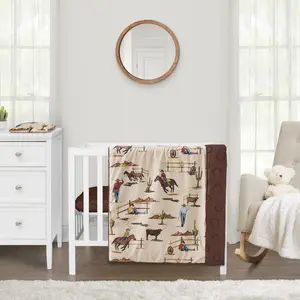 Sweet Jojo Designs Brown Western Cowboy Boy Baby Mini Crib Bedding Set Infant Nursery Room Newborn Blanket Portable Pack n Play Sheets 3p Wild West Horseshoe Southern Charm Country Horse Cow Animal