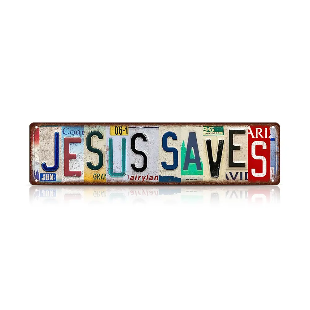 1pc 4*16in (10*40cm) "Jesus Saves" 4*16" Bold Message Vintage Metal License Plate Sign - Hanging Retro Christian Gift, Indoor/Outdoor Home Decor for Home, Church - Rustic Car Plate Tin Decor