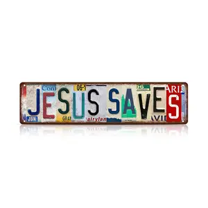 1pc 4×16inch (10×40cm) “Jesus Saves” Vintage License Plate Metal Sign – Retro Christian Wall Art for Home, Garage, Church & Café – Faith-Inspired Tin Decor with Rustic Car Plate Design