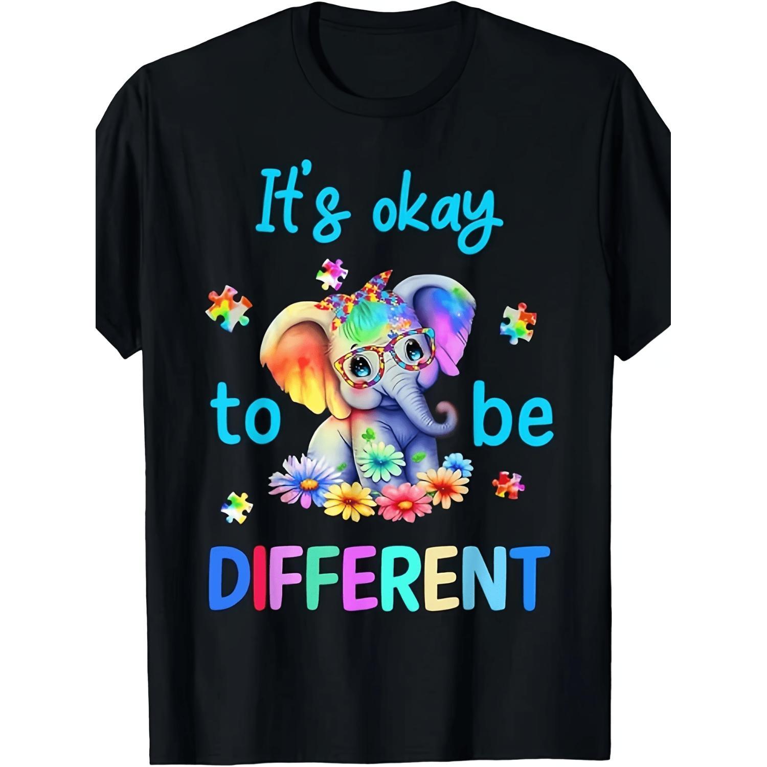 Embrace Uniqueness Autism Awareness Cute Elephant T Shirt Comfortable Trendy Streetwear Ideal for Training Running Daily Wear Crew Neck