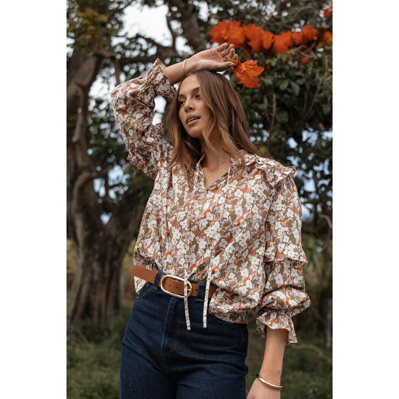 Selmah Long Sleeve Top - Cream Olive Orange